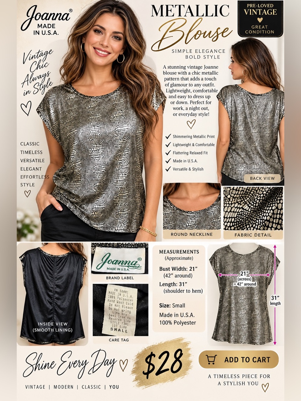 Shimmery Silver Patterned Cap-Sleeve Women's Blouse
